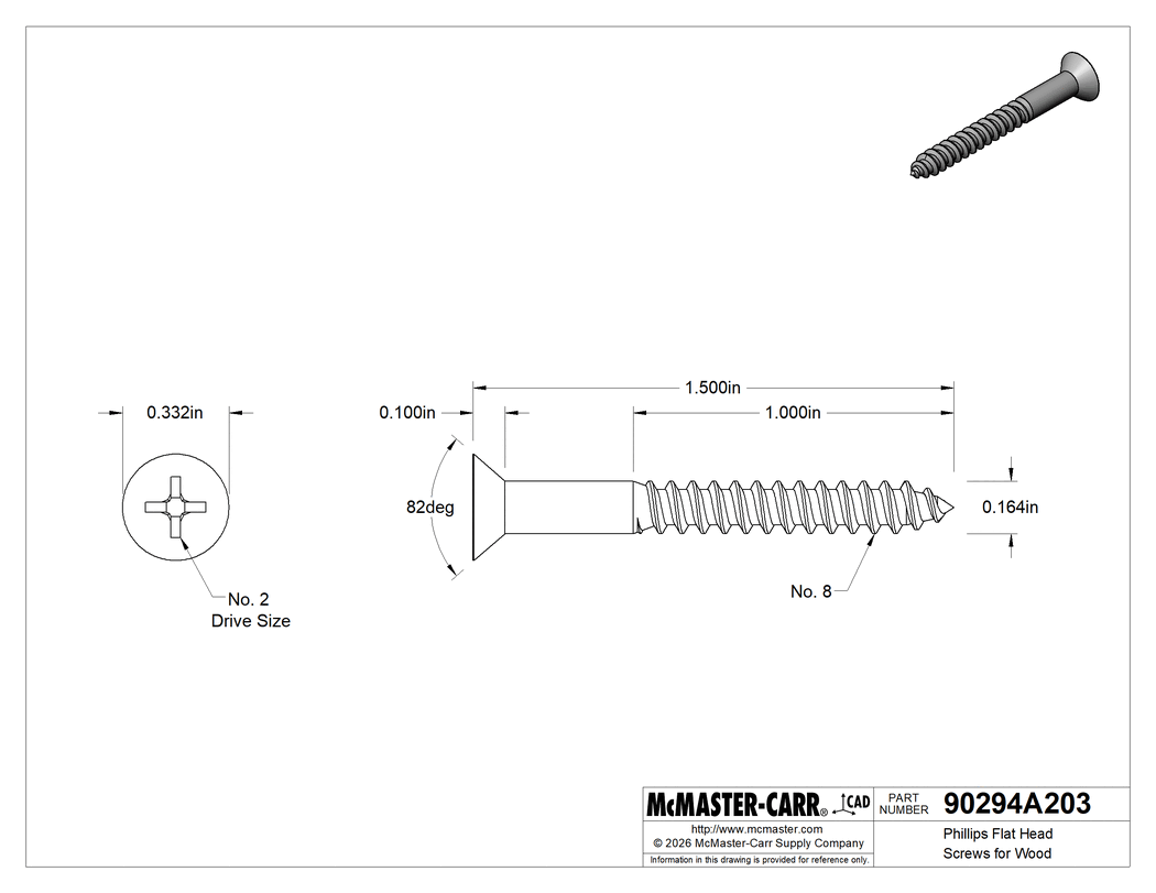 Technical Drawing of Phillips Flat Head Screws for Wood, 18-8 Stainless Steel, Number 8 Size, 1-1/2" Long.